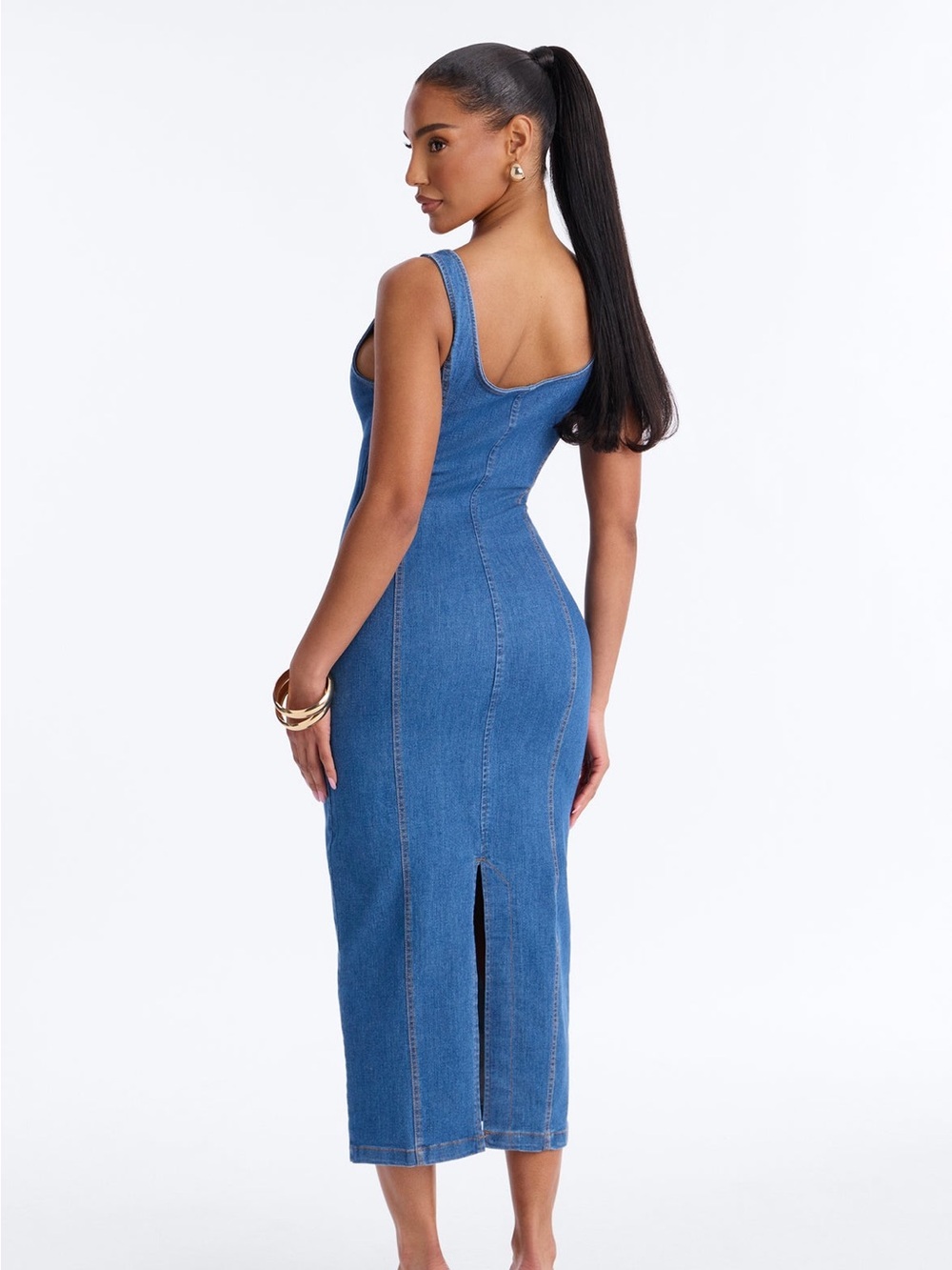 Fashion Nova Blue Denim Square-Neck Midi Dress - Picture 2 of 7